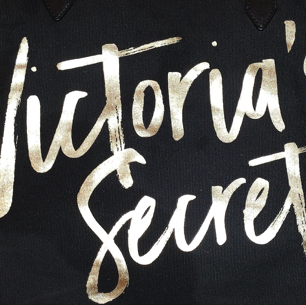 Victoria's Secret Tote Bag Black w/ Gold LOGO & Animal Print and Pocket Inside